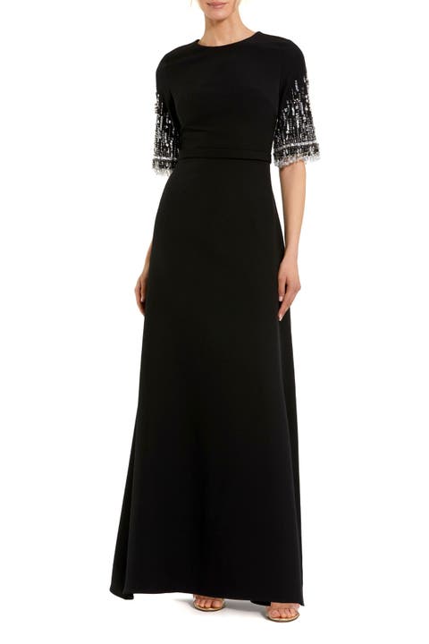 Petite Crepe A Line Gown With Beaded 3/4 Sleeves