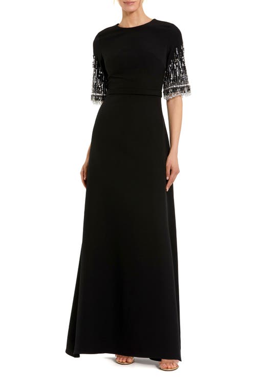 Mac Duggal Petite Crepe A Line Gown With Beaded 3/4 Sleeves in Black at Nordstrom, Size 16