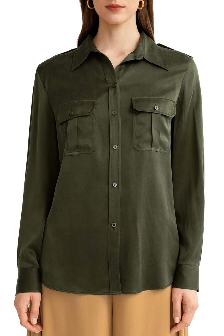 Women's Sandwashed Silk Shirt With Epaulettes, Main, color, Safari Green
