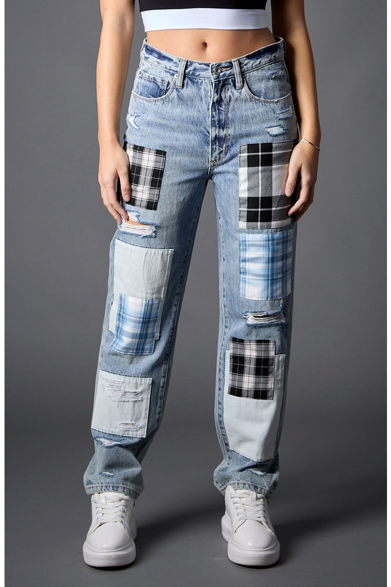 Plaid Patchwork Straight Leg Jeans, Main, color, Ibiza Patchwork