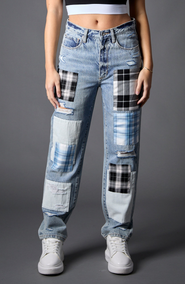 BLUE REVIVAL Plaid Patchwork Straight Leg Jeans