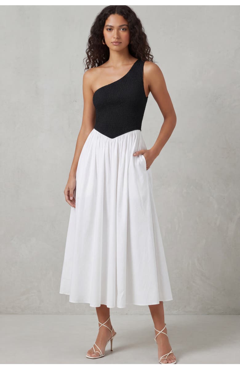 nuaje nuaje Bianca One-Shoulder Smocked Midi Dress, Main, color, Black & White