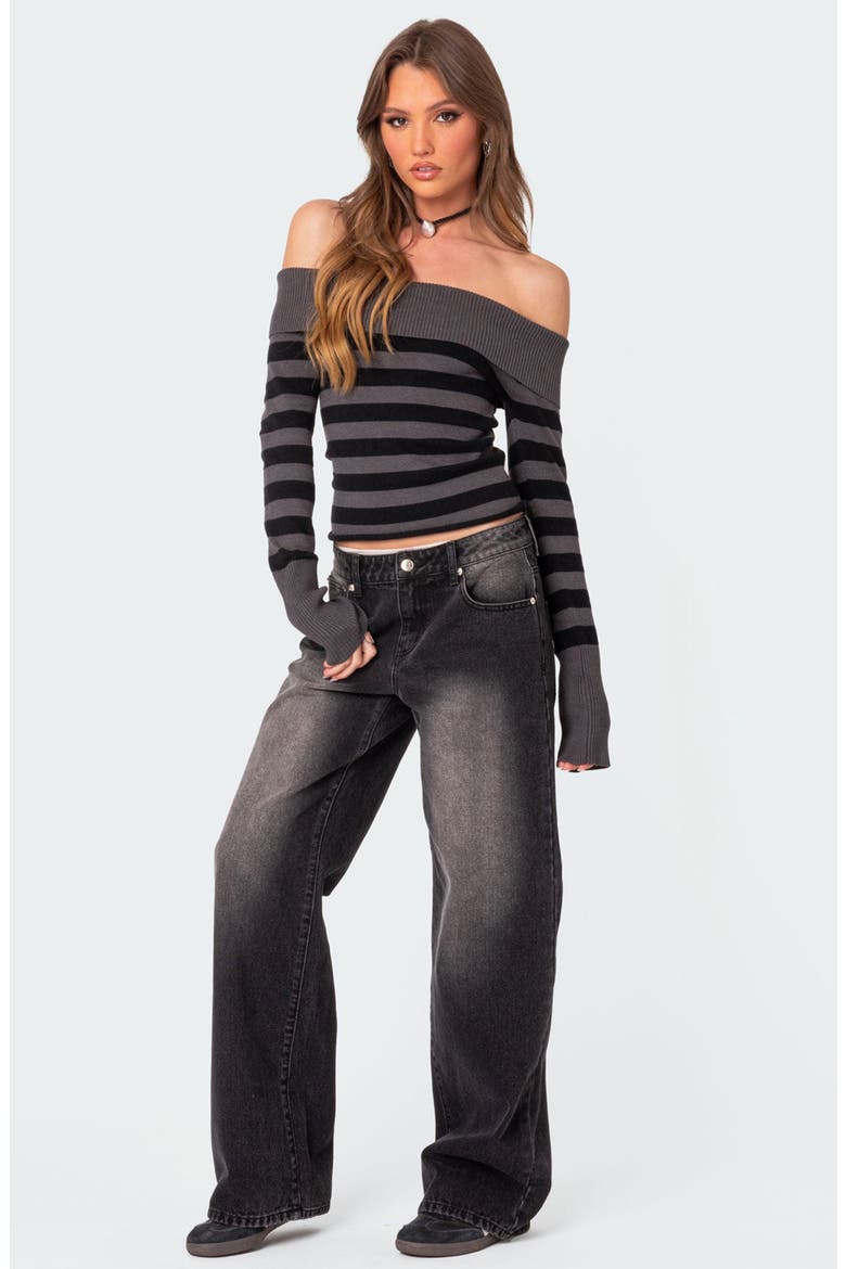 Melody Stripe Foldover Off the Shoulder Sweater, Alternate, color, BLACK-AND-GRAY