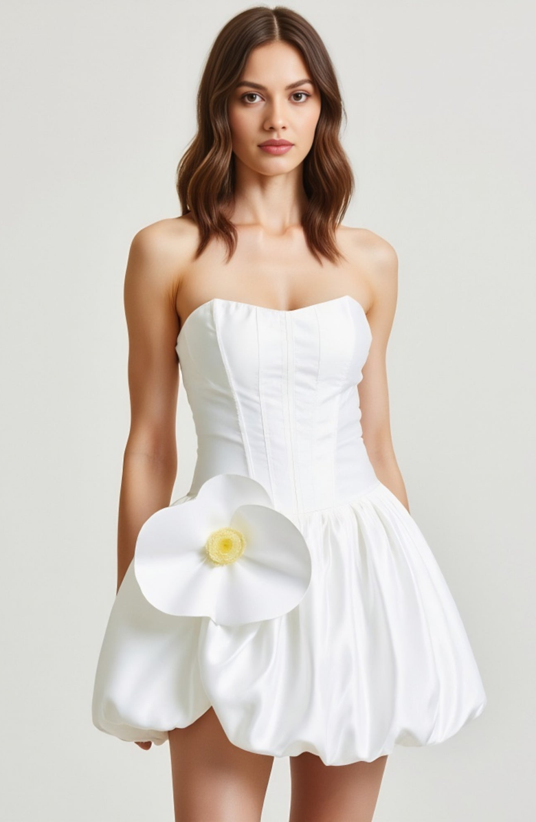 Modenaire Strapless Bubble Skirt Corset Mini Dress with 3D Floral Accent, Alternate, color, White