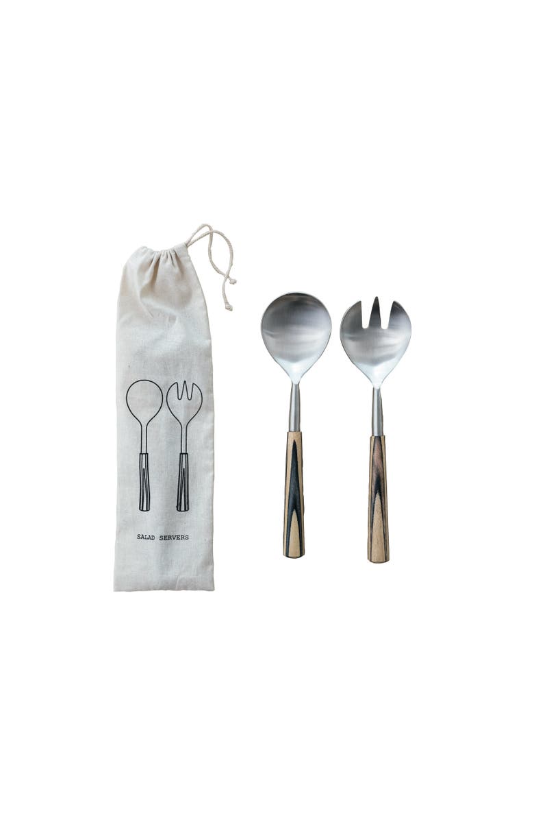 Storied Home 2-Piece Stainless Steel and Mango Wood Salad Servers with Handles and Design, Main, color,