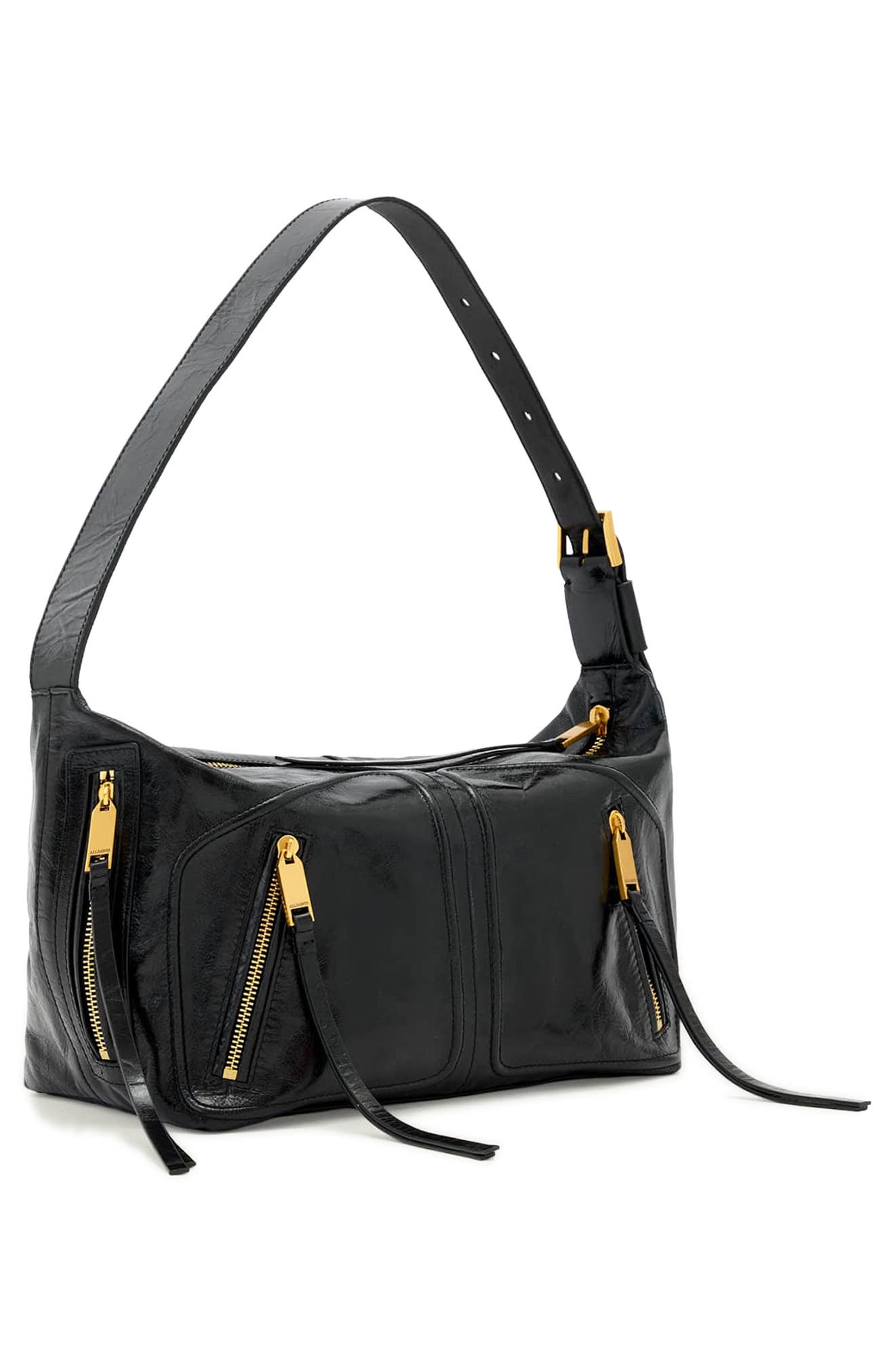 AllSaints Jean Ray Leather Shoulder Bag, Alternate, color, Black