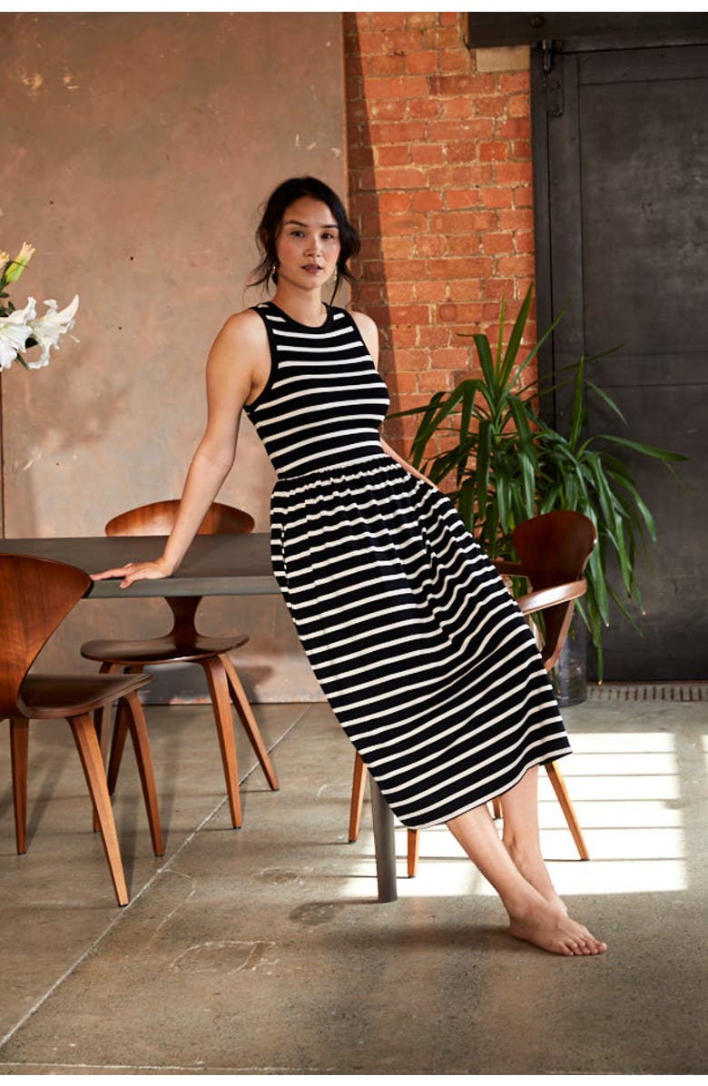 The Bshirt Women's Racer Back Gathered Dress, Main, color, Black / White Stripe