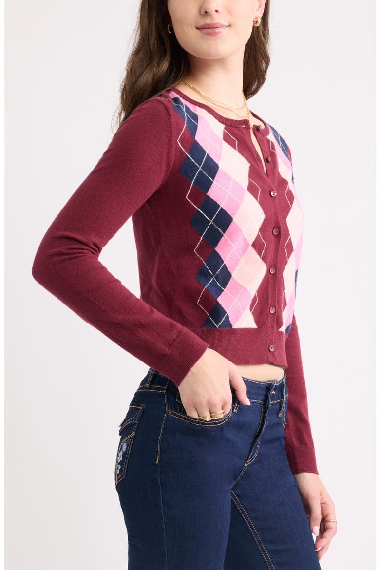 Crewneck Cotton Blend Cardigan, Alternate, color, BURGUNDY ARGYLE