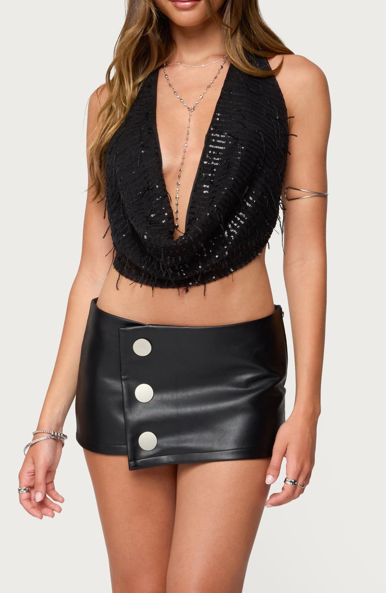 EDIKTED Fringe Sequin Halter Top, Main, color, Black