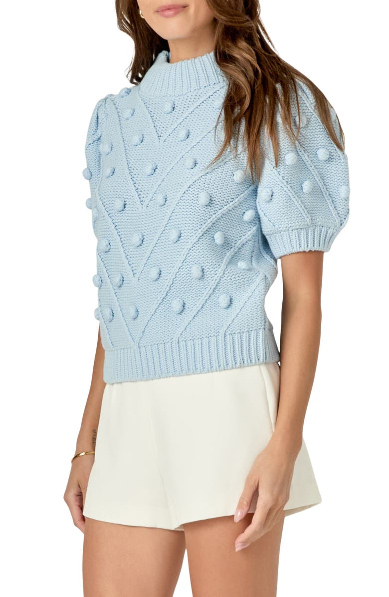 English Factory Pompom Puff Sleeve Sweater, Alternate, color, Powder Blue