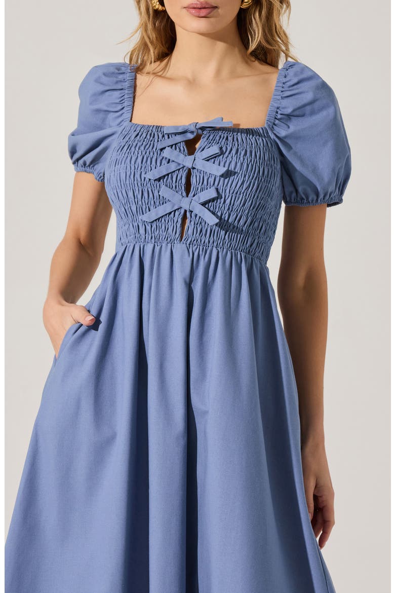 Bow Detail Smock Bodice Cotton Blend Dress, Alternate, color, DENIM BLUE