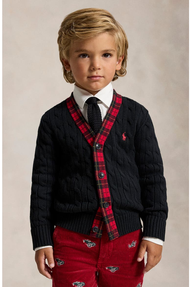 Kids' Cable Knit Cotton Cardigan, Alternate, color, POLO BLACK MULTI