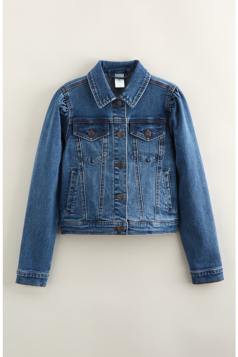 Kids' Puff Shoulder Denim Trucker Jacket, Main, color, MEDIUM BLUE WASH