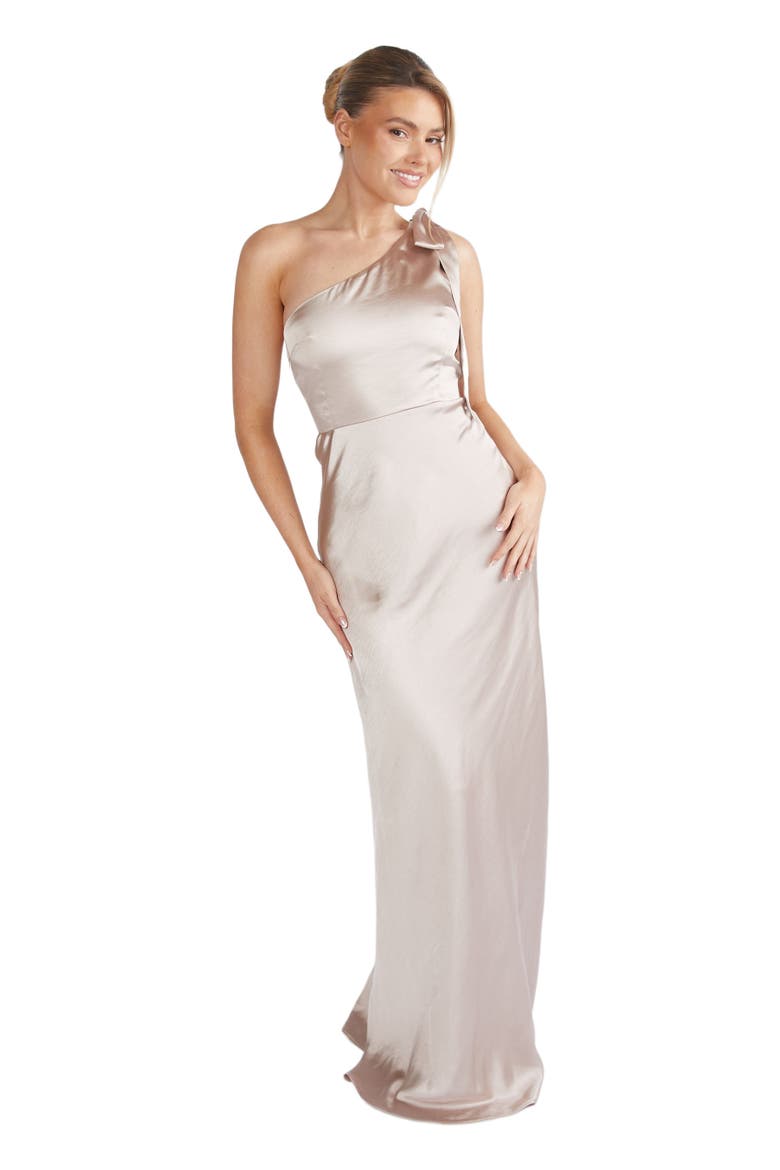 Bow One Shoulder Satin Bridesmaid Dress, Main, color, Oyster