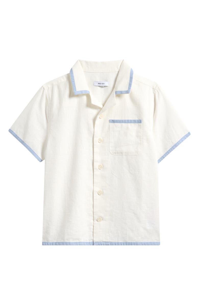 Reiss Kids' Vitan Cuban Short Sleeve Linen Button-Up Shirt, Main, color, White/ Soft Blue