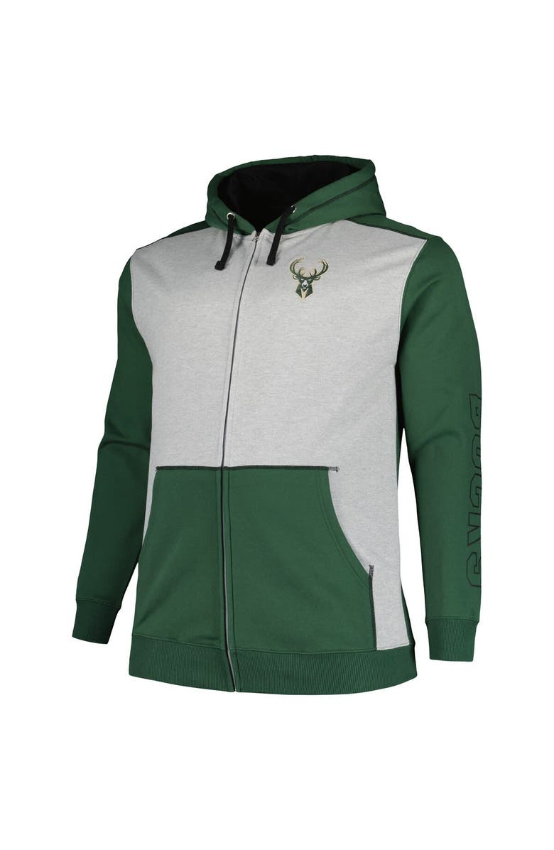 FANATICS Men's Fanatics Branded Hunter Green/Heather Gray Milwaukee Bucks Big & Tall Contrast Pieced Stitched Full-Zip Hoodie, Alternate, color, Hunter Green