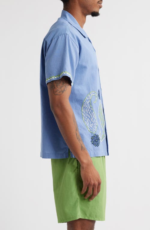 Obey Quentin Embroidered Short Sleeve Cotton & Linen Button-up Shirt In Blue