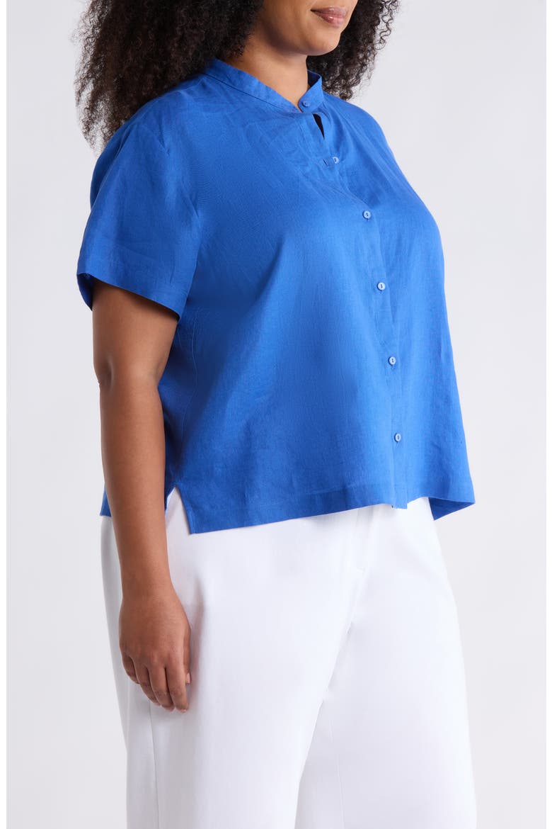 Mandarin Collar Short Sleeve Organic Linen Button-Up Shirt, Alternate, color, SAPPHIRE