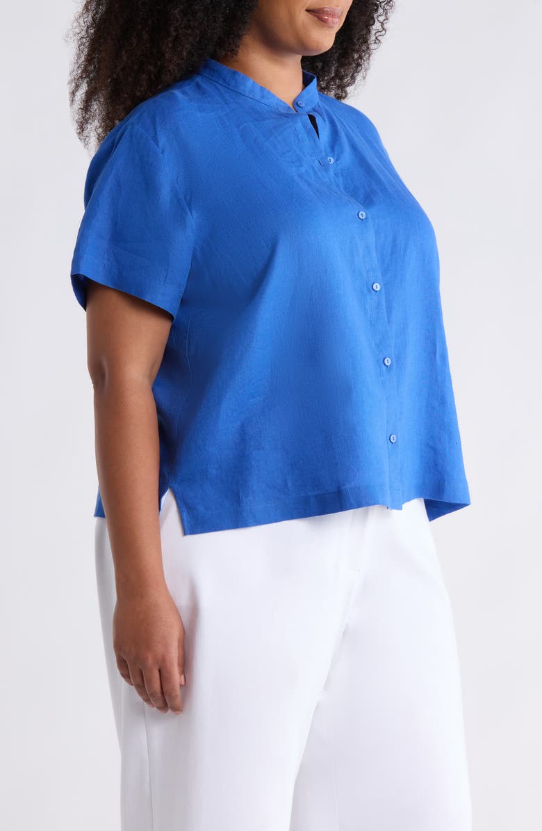 Eileen Fisher Mandarin Collar Short Sleeve Organic Linen Button-Up Shirt, Alternate, color, Sapphire