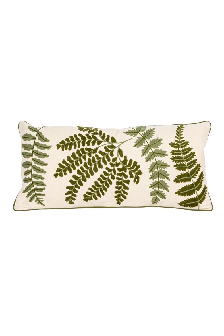 Cotton Lumbar Pillow with Fern Fronds Embroidery, Cream and Green, Alternate, color, Green