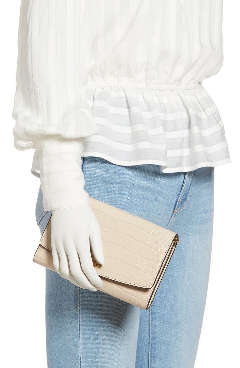 Tory Burch Robinson Croc Embossed Leather Wallet on a Chain, Alternate, color, 