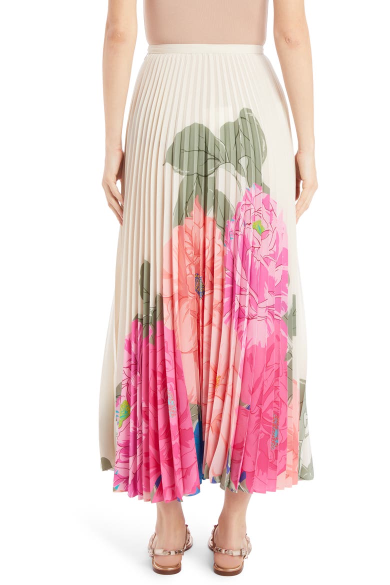 Marco Camellia Pleated Silk Crêpe de Chine Maxi Skirt, Alternate, color, AVORIO/ FUXIA