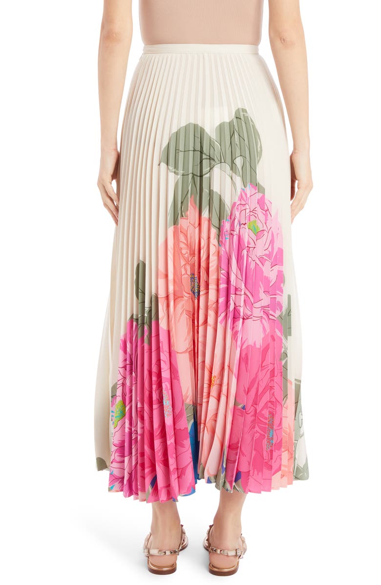 Valentino Marco Camellia Pleated Silk Crêpe de Chine Maxi Skirt, Alternate, color, 