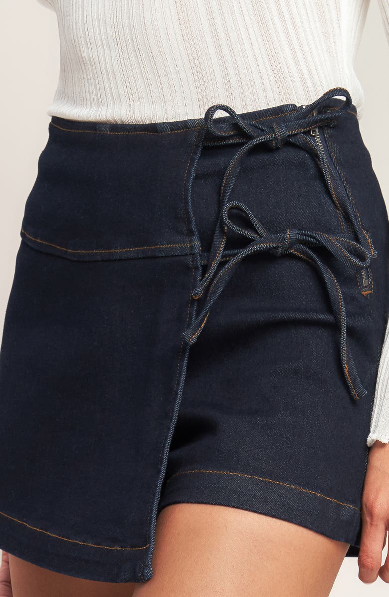 FLYING TOMATO Tie Front Denim Skort, Alternate, color, Dark Indigo