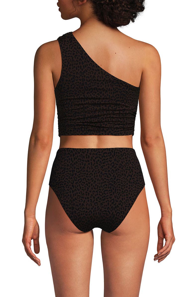 Lands' End Ruched One Shoulder Midkini Swimsuit Top, Alternate, color, Brown Leopard