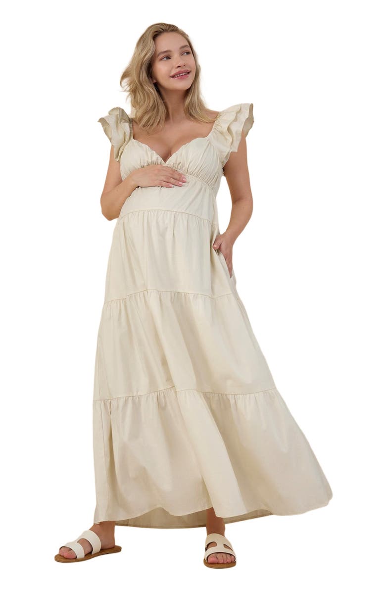 MOTHERHOOD MATERNITY Ruffle Sleeve Tie-Back Maternity Maxi Dress, Alternate, color, Winter White