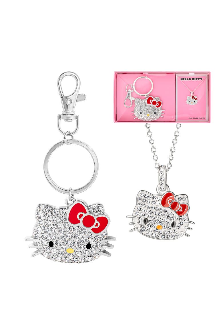 SALLY ROSE Hello Kitty Keychain and Necklace Set for Women Official License, Crystal Pave Sanrio Pendant Necklace and Key Chain, Main, color, white, red