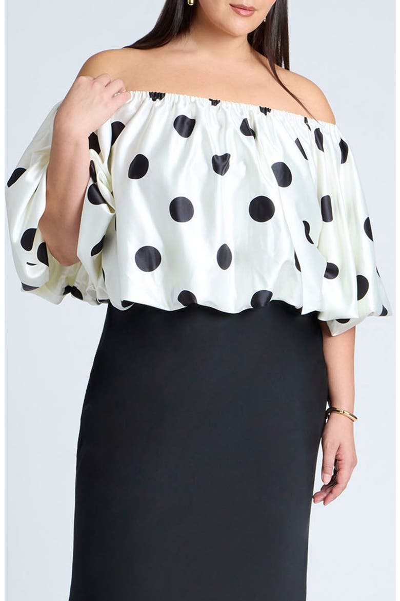 Polka Dot Off the Shoulder Satin Top, Main, color, BLACK AND WHITE