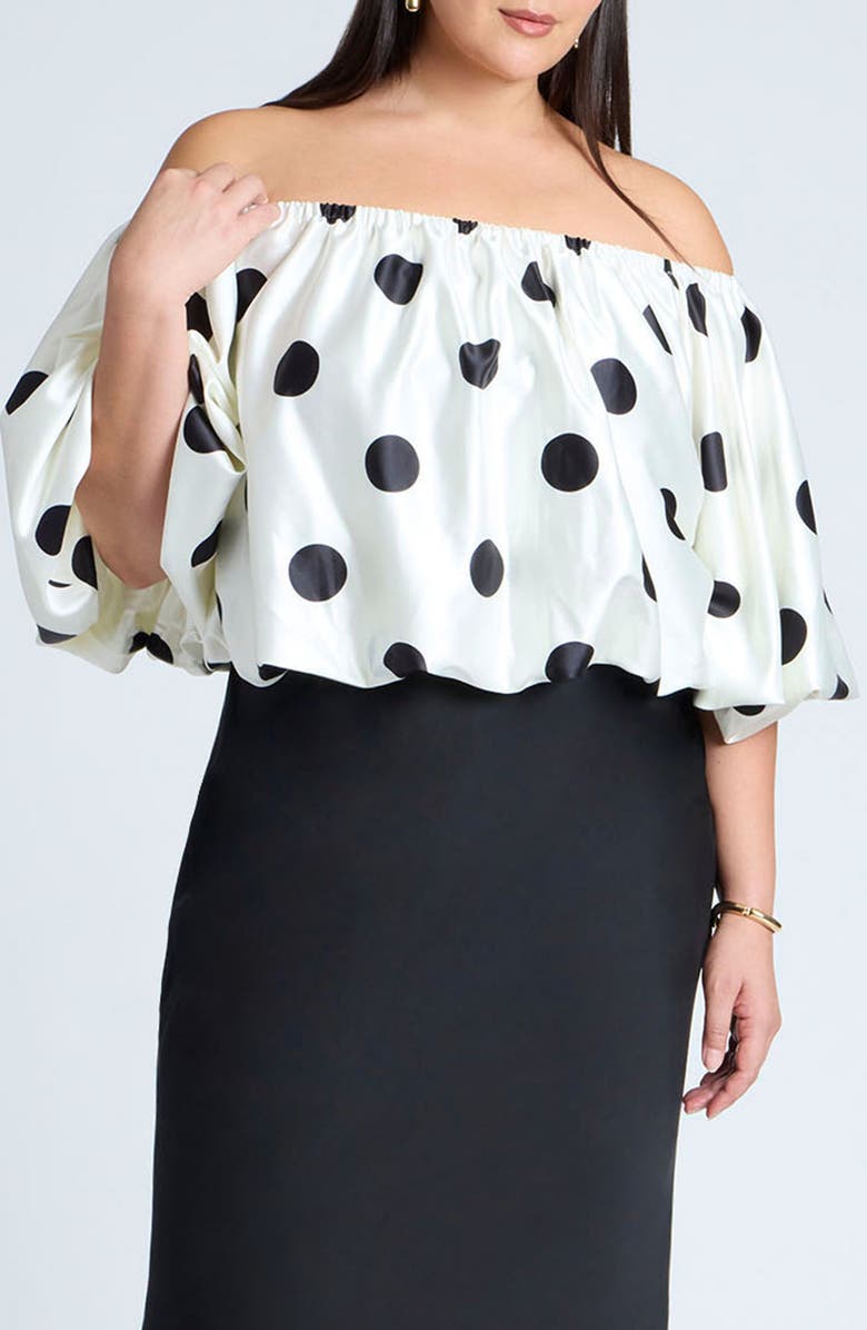 ELOQUII Polka Dot Off the Shoulder Satin Top, Main, color,
