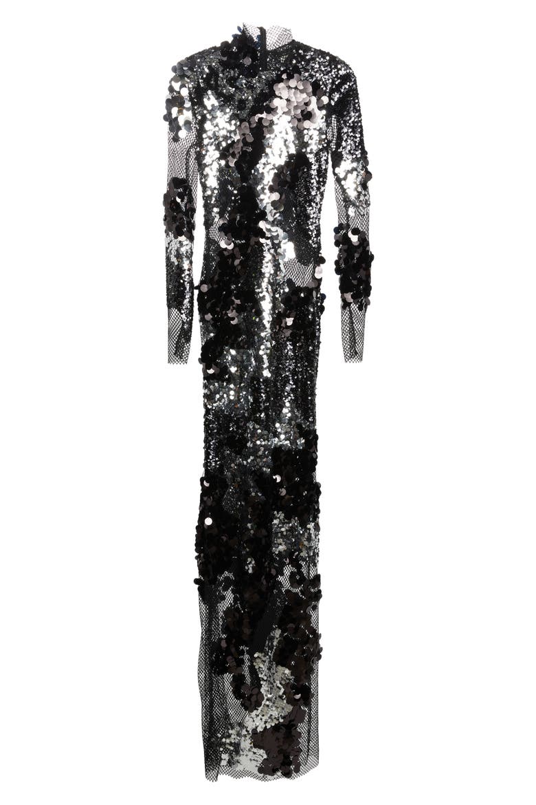 Long Sleeve Sequin & Mesh Gown, Alternate, color, BLACK/ SILVER