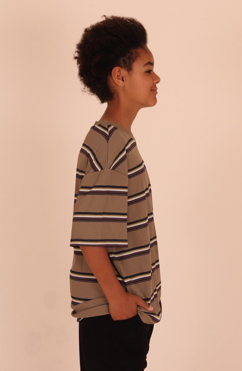 TINY TRIBE Kids' Stripe Rib Stretch Cotton T-Shirt, Alternate, color, Brown Multi