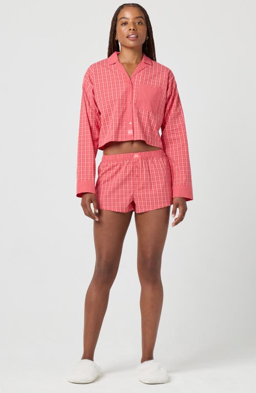 Florence By Mills Micro Plaid Crop Stretch Cotton Button-up Shirt In Pink