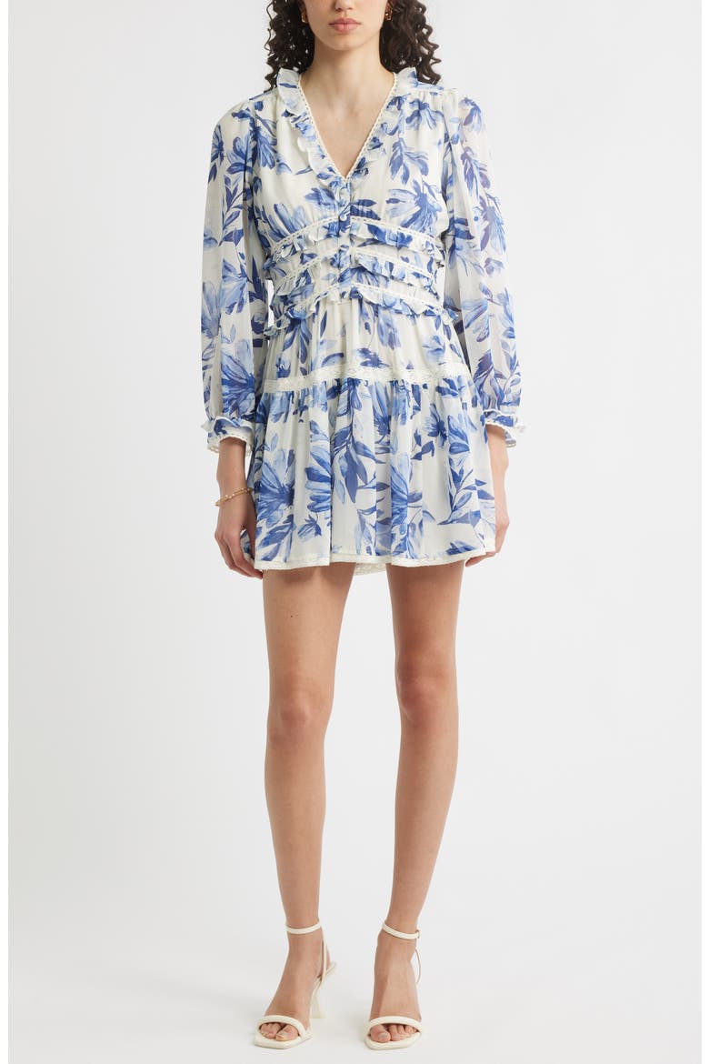 Long Sleeve Ruffle Trim Minidress, Main, color, IVORY - BLUE ADELINE FLORAL