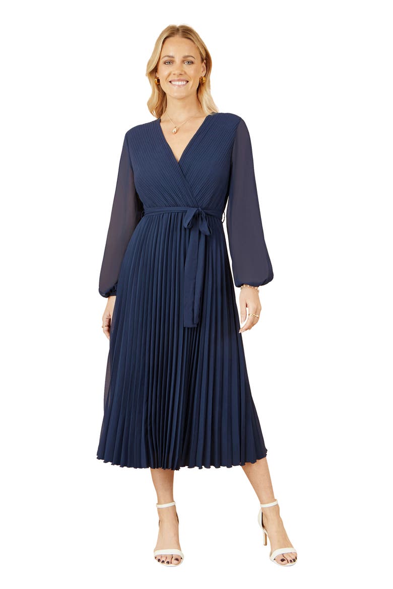 Long Sleeved Pleated Midi Wrap Dress, Main, color, Navy