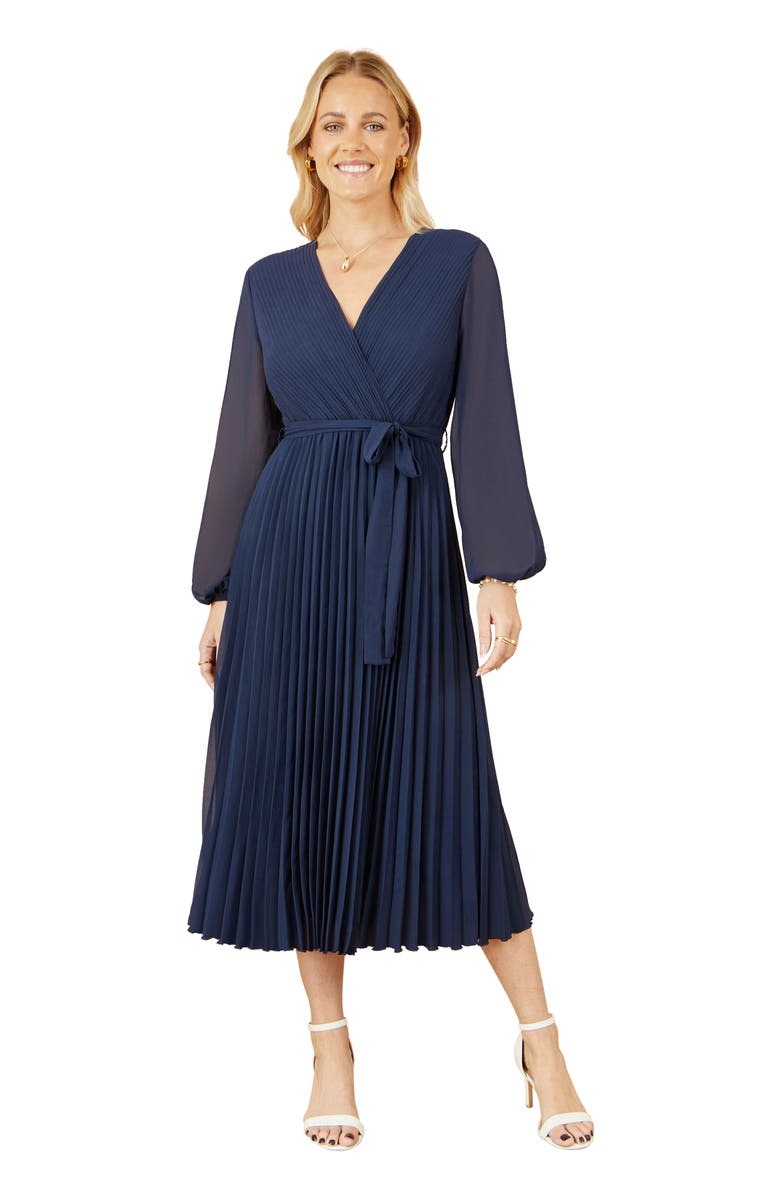 Yumi Long Sleeved Pleated Midi Wrap Dress, Main, color, Navy