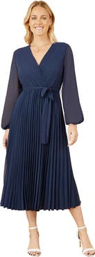 Yumi Long Sleeved Pleated Midi Wrap Dress