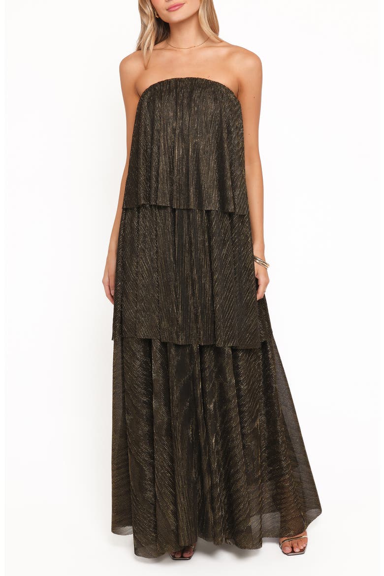 Bloom Tiered Strapless Maxi Dress, Main, color, BLACK
