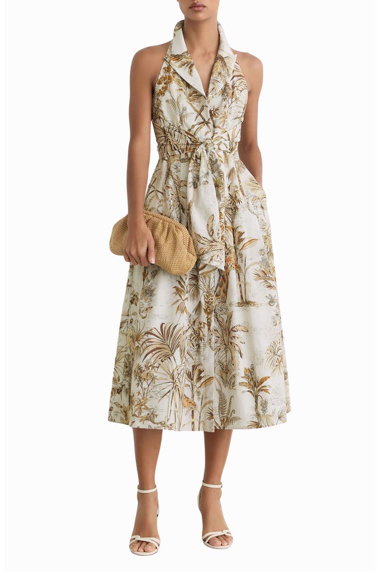 Tate Safari Print Front Tie Midi Dress, Alternate, color, NEUTRAL