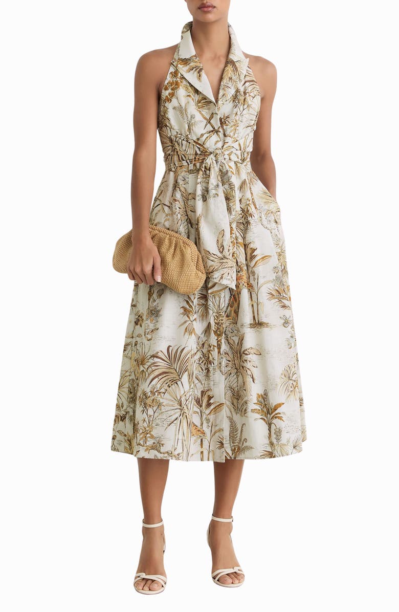 Reiss Tate Safari Print Front Tie Midi Dress, Alternate, color, Neutral