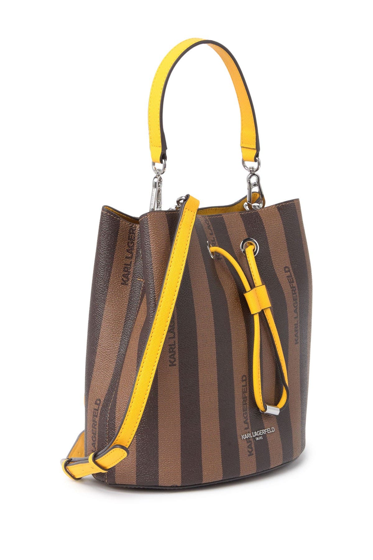 KARL LAGERFELD PARIS Adele Leather Stripe Print Bucket Bag, Alternate, color, 