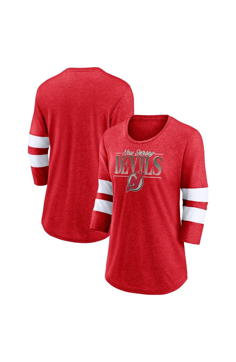 FANATICS Women's Fanatics Branded Heathered Red/White New Jersey Devils Full Shield 3/4-Sleeve Tri-Blend Raglan Scoop Neck T-Shirt, Main, color, 
