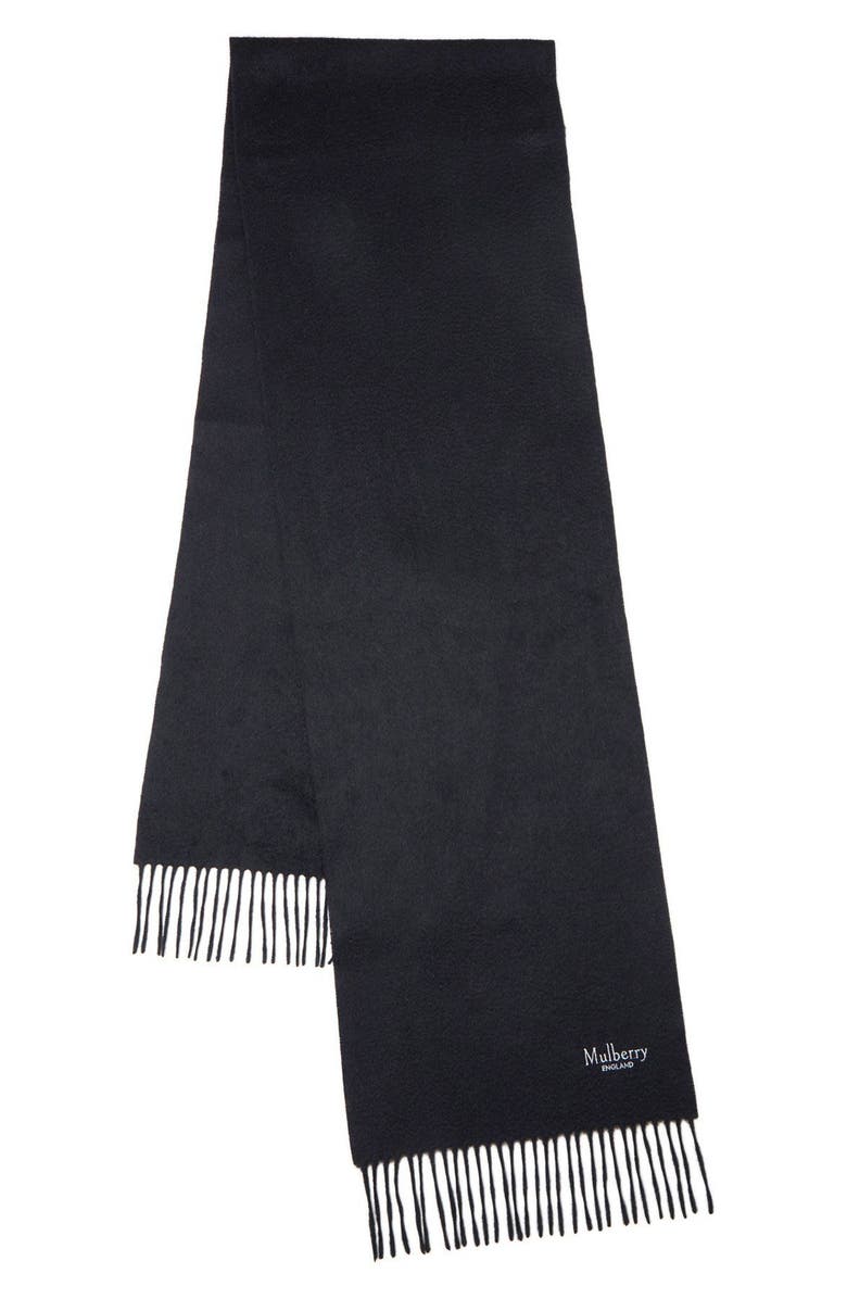 Mulberry Embroidered Logo Fringe Trim Cashmere Scarf, Main, color, 