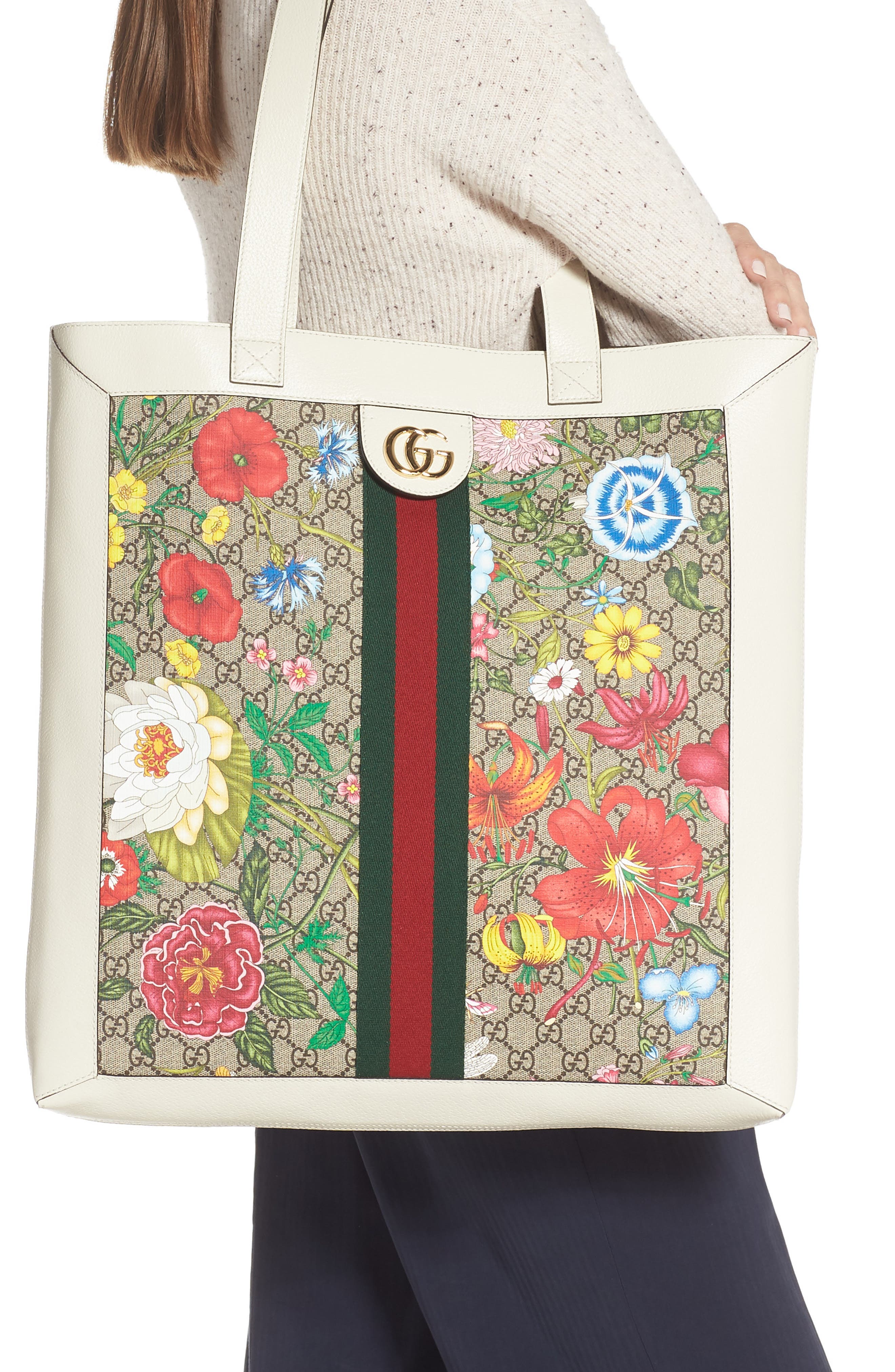 Gucci Large Ophidia Floral GG Supreme Canvas & Leather Tote, Alternate, color, 