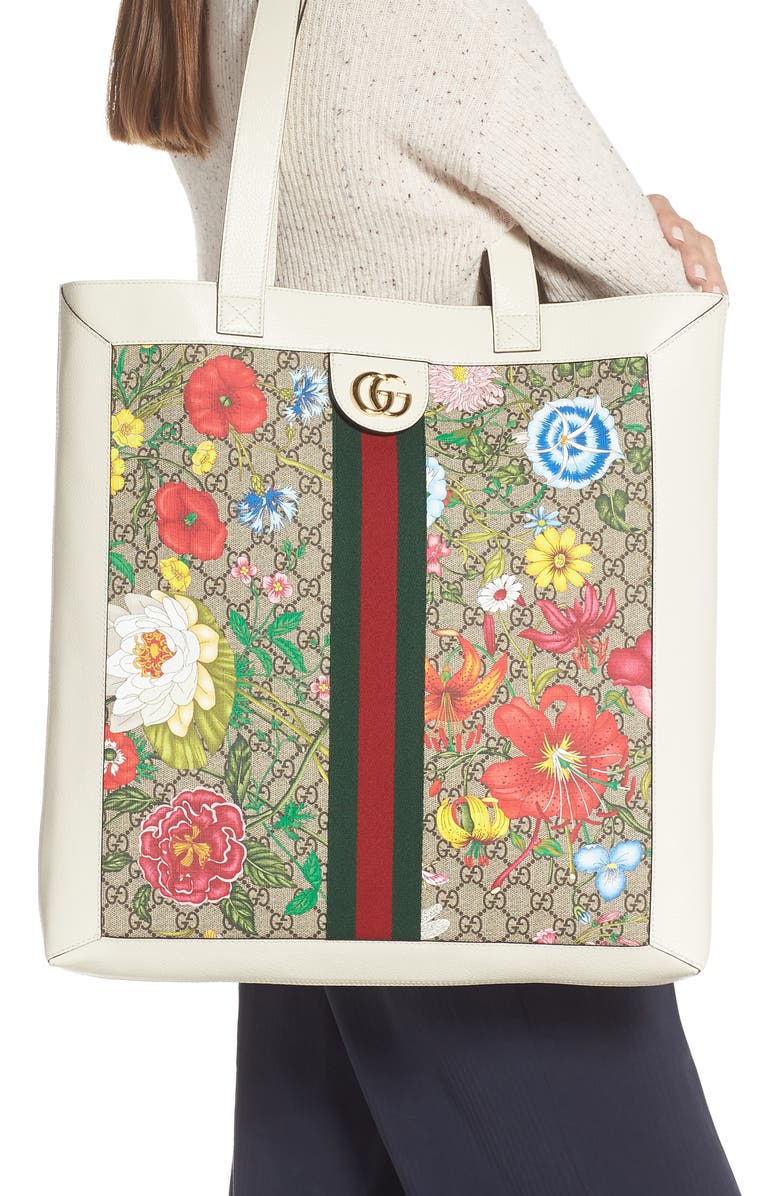 Gucci Large Ophidia Floral GG Supreme Canvas & Leather Tote, Alternate, color,