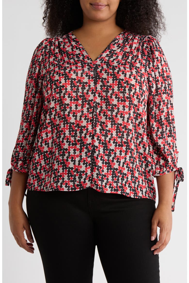 Dot Print Balloon Sleeve Top, Main, color, RED