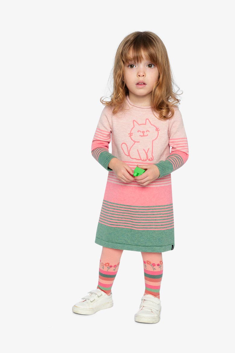 Knitted Stripe Cat Appliqué A-Line Dress, Alternate, color, Very Pale Pink and Green
